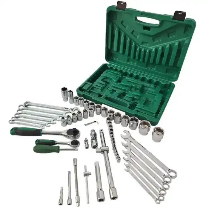 Metric drive socket set fully unpacked with empty molded green case in background