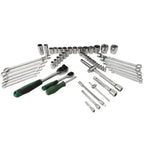 Metric drive socket set laid out with sockets, wrenches, and ratchets on a white background