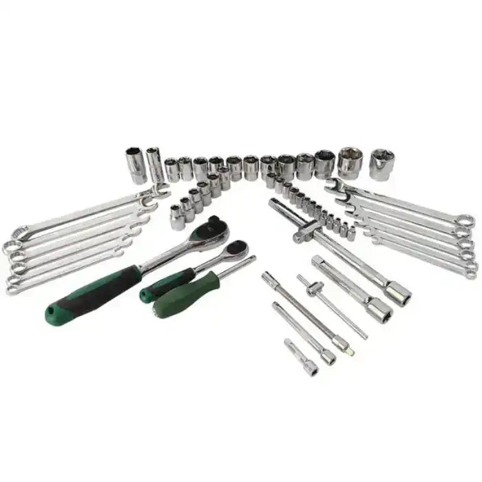 Metric drive socket set laid out with sockets, wrenches, and ratchets on a white background