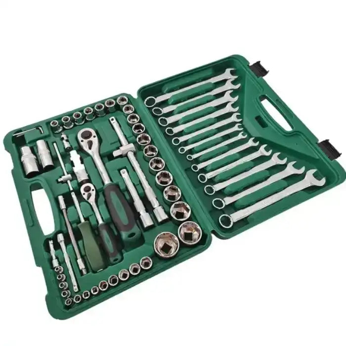 Metric drive socket set fully open in green case with sockets and wrenches organized