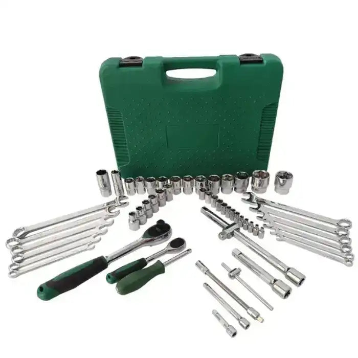 Metric drive socket set with green plastic case closed and tools arranged in front