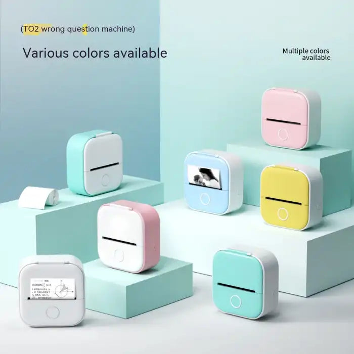 Mini Thermal Printer shown in multiple pastel color options on display blocks
