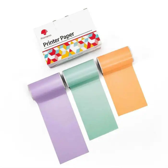 Mini Thermal Printer pastel thermal paper rolls in lavender, mint green, and orange