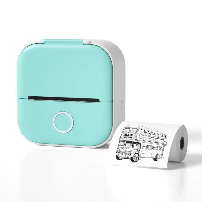 Mini Thermal Printer in mint color printing a black and white double-decker bus image