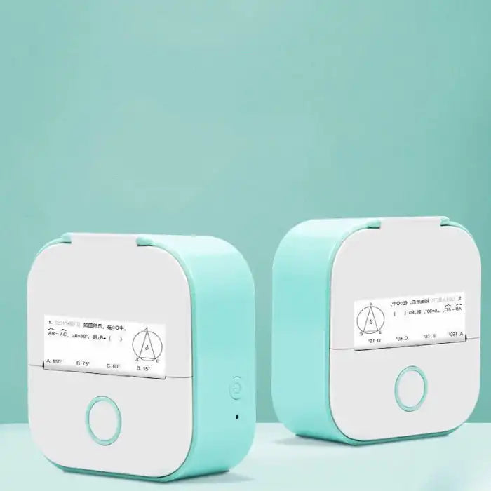Mini Thermal Printer printing mathematical diagrams with two mint-colored units shown