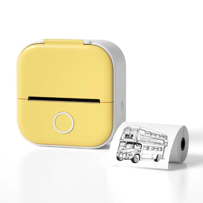Yellow Mini Thermal Printer printing black and white bus drawing on roll paper