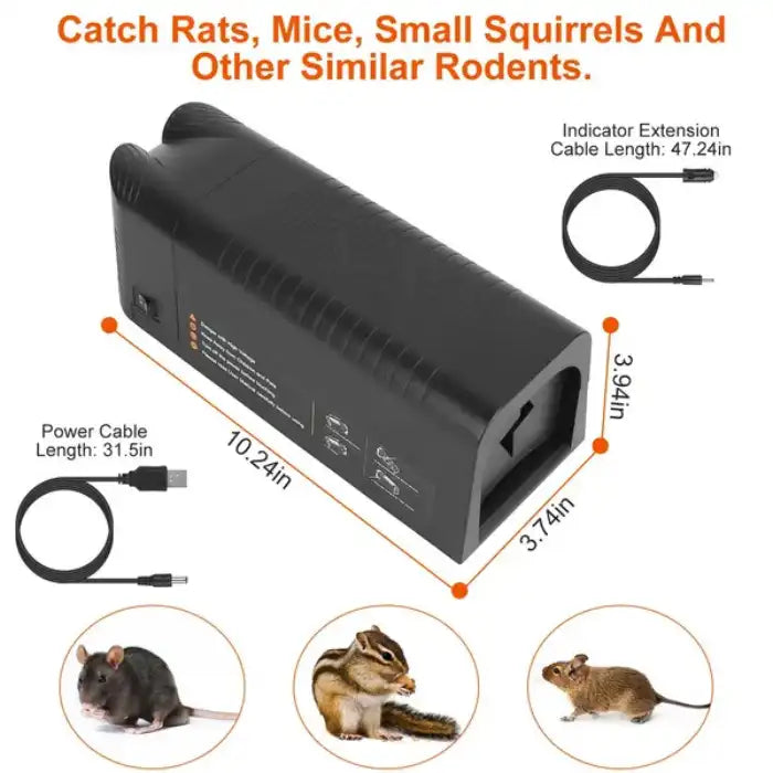 Mouse trap shown with dimensions and power cable, used to catch mice, rats, and small rodents safely.