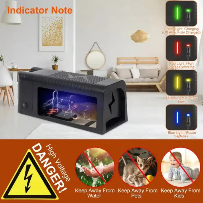 Mouse trap with voltage warning and LED indicators showing trap status for user safety and operation info.