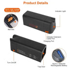 Mouse trap product diagram labeling indicator light, bait slot, charging port, and trap door details.