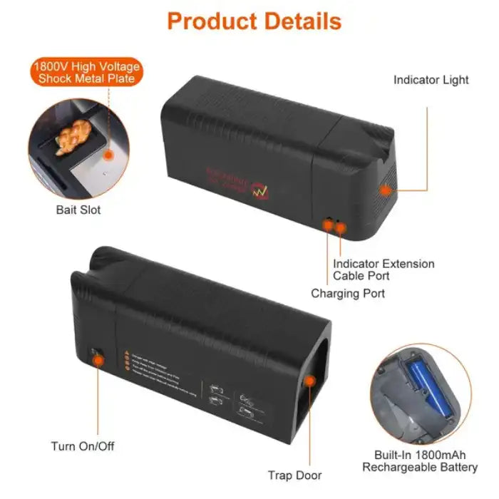 Mouse trap product diagram labeling indicator light, bait slot, charging port, and trap door details.