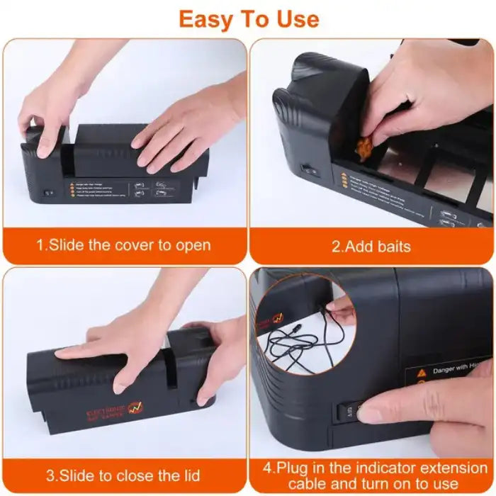Mouse trap being baited and turned on step-by-step, showing how to use the electric trap safely indoors.