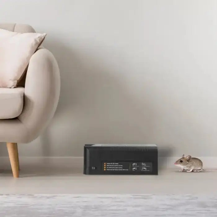 Mouse trap positioned near wall with mouse approaching, ideal for effective rodent control at home.