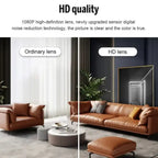 : Nanny Cam showing HD lens clarity vs ordinary lens in modern living room.