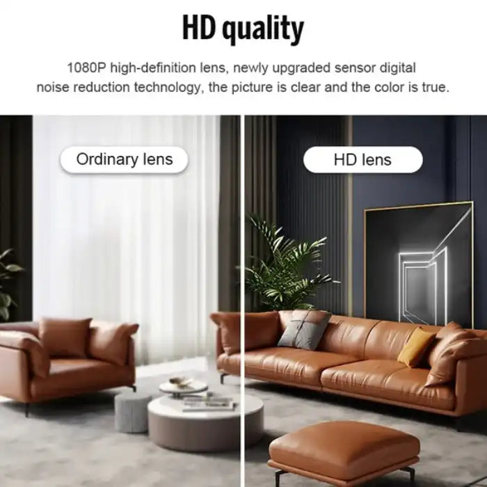 : Nanny Cam showing HD lens clarity vs ordinary lens in modern living room.