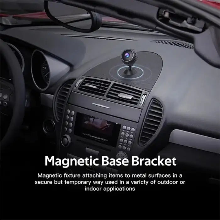 Nanny Cam with magnetic base bracket mounted on car dashboard for mobile security.