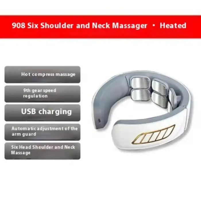 Neck Massager with USB charging, heat compress, and adjustable arm design for shoulder relief.