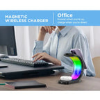 Wireless charging station placed on office desk charging phone and AirPods with ambient RGB light.