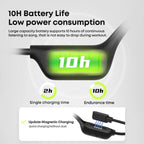 Open ear bone conduction headphones with 10-hour battery life and fast magnetic charging cable.