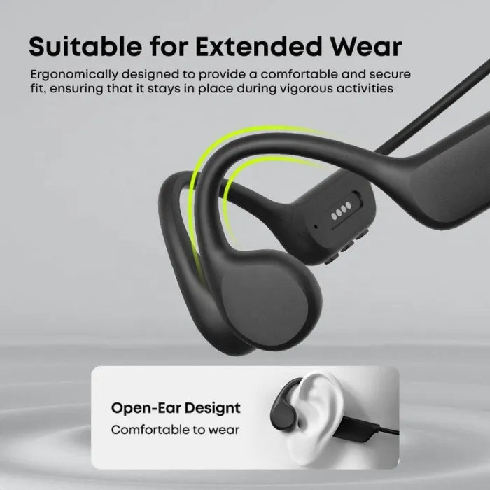 Open ear bone conduction headphones with ergonomic, secure fit for all-day comfort and stability.