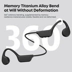 Open ear bone conduction headphones with 360-degree bendable memory titanium alloy design.