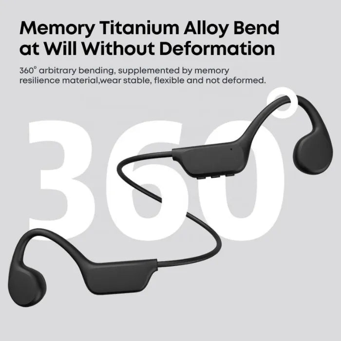Open ear bone conduction headphones with 360-degree bendable memory titanium alloy design.