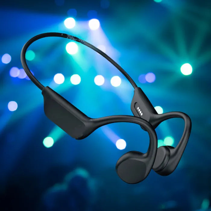 Open ear bone conduction headphones displayed with LED lights background in vibrant setting.