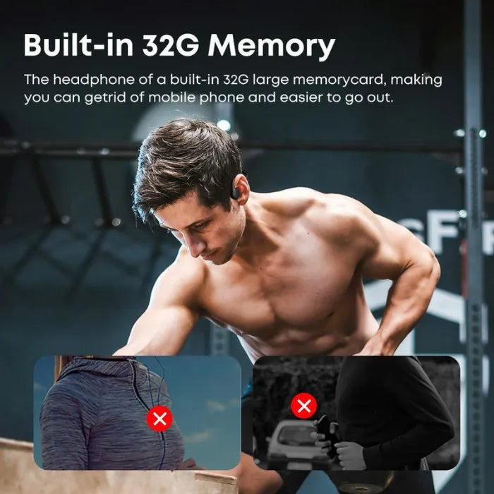 Open ear bone conduction headphones with built-in 32GB memory for phone-free music workouts.