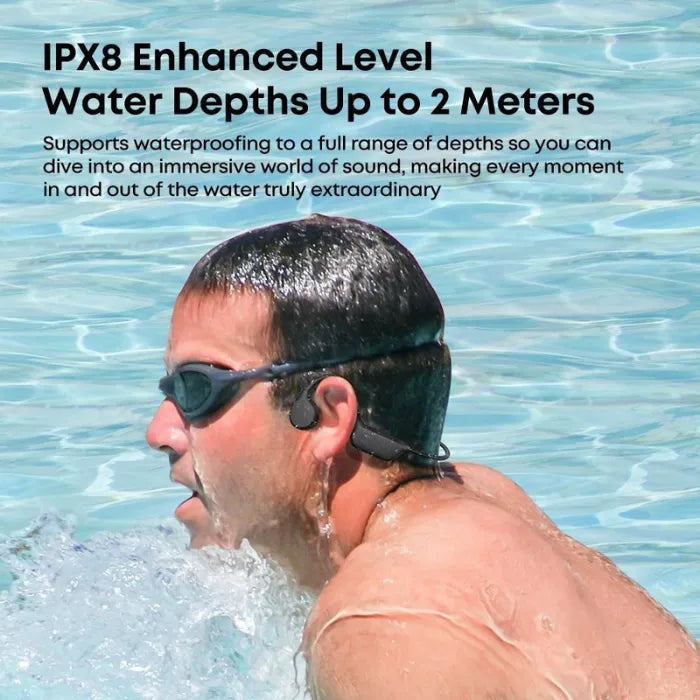 Open ear bone conduction headphones with IPX8 waterproof rating, worn while swimming underwater.