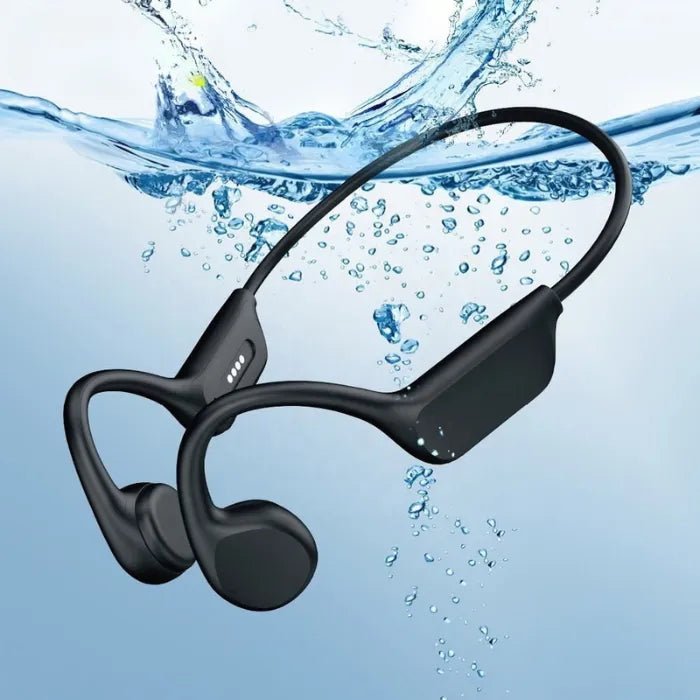 Open ear bone conduction headphones submerged in water, showcasing full waterproof performance.