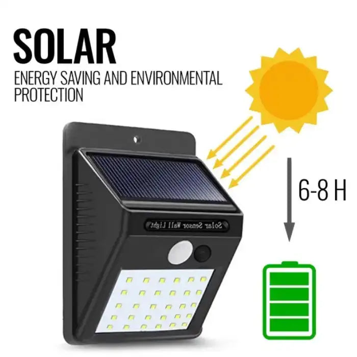 Outdoor solar light with energy-saving panel charges fully in 6–8 hours using direct sunlight.