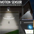 Outdoor solar light detects motion within 10–16 feet at 120° angle for enhanced security.