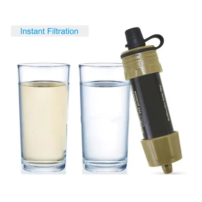 Outdoor water filter showing dirty and clean water in glass with filtration straw