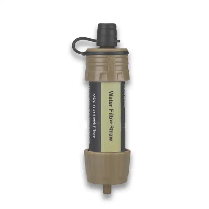Outdoor water filter straw in khaki and black color, labeled as mini outdoor filter