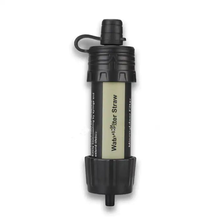 Outdoor water filter straw in black color with durable design for hiking and camping