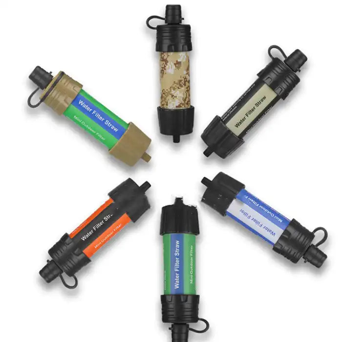 Outdoor water filter straws displayed in six different color and design variations