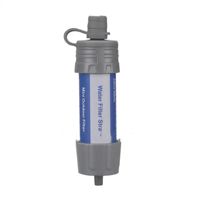 Outdoor water filter straw with gray and blue casing for portable water purification