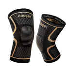 Set of two black and gold copper knee compression sleeves designed for joint support and pain relief.