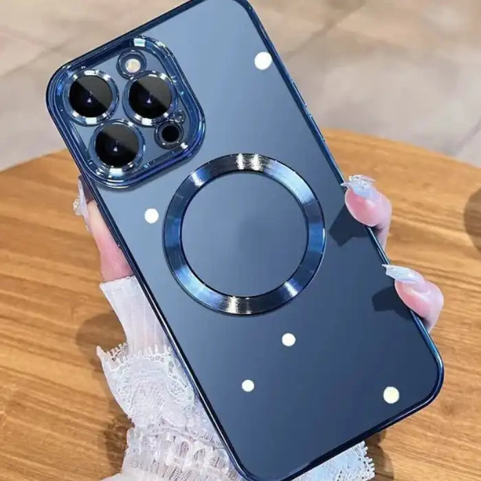 .Phone case in blue gloss with circular magnetic ring on table background