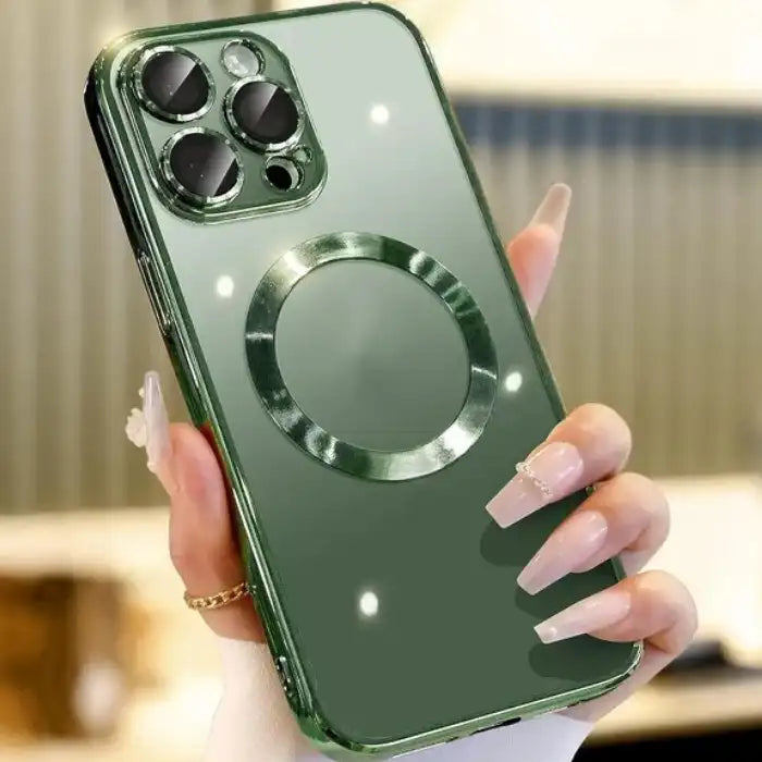 Phone case with green metallic body and shiny ring accent, held in feminine hand