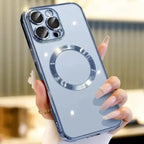 .Phone case with glossy light blue back and magnetic ring, held with long pink nails