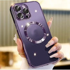 .Phone case in shiny purple with magnetic ring, styled with fashion nails