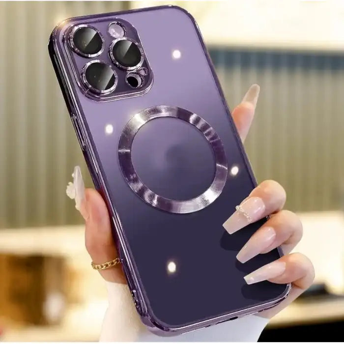 .Phone case in shiny purple with magnetic ring, styled with fashion nails