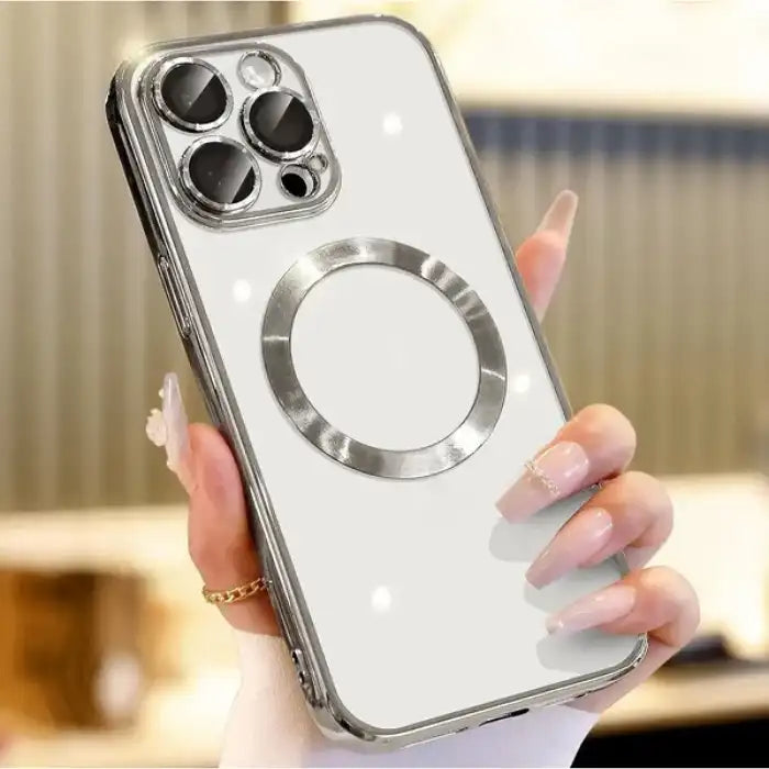 .Phone case in bright white with chrome ring on back, elegant nail style holding it
