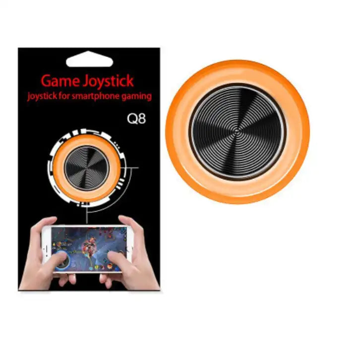 : Phone Joystick in orange shown in retail packaging with close-up top view