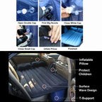 Portable car air mattress with inflation instructions showing cap opening, nozzle placement, and child safety features for vehicle use