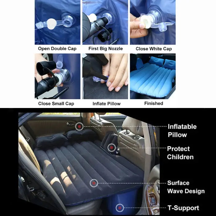 Portable car air mattress with inflation instructions showing cap opening, nozzle placement, and child safety features for vehicle use