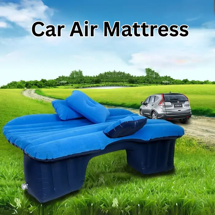 Portable car air mattress displayed in outdoor setting, featuring integrated pillows and comfortable design ideal for car camping and travel.