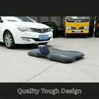 Portable car air mattress featuring quality tough design placed in front of vehicle, highlighting durability and outdoor travel convenience.