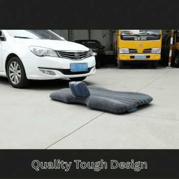 Portable car air mattress featuring quality tough design placed in front of vehicle, highlighting durability and outdoor travel convenience.