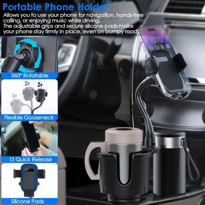 cup phone holder mounted on car dash with 360° rotation and flexible arm for hands-free use